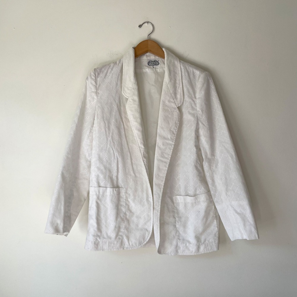 Vintage White Eyelet Lace Blazer Jacket Floral Embroidery Medium Cottagecore